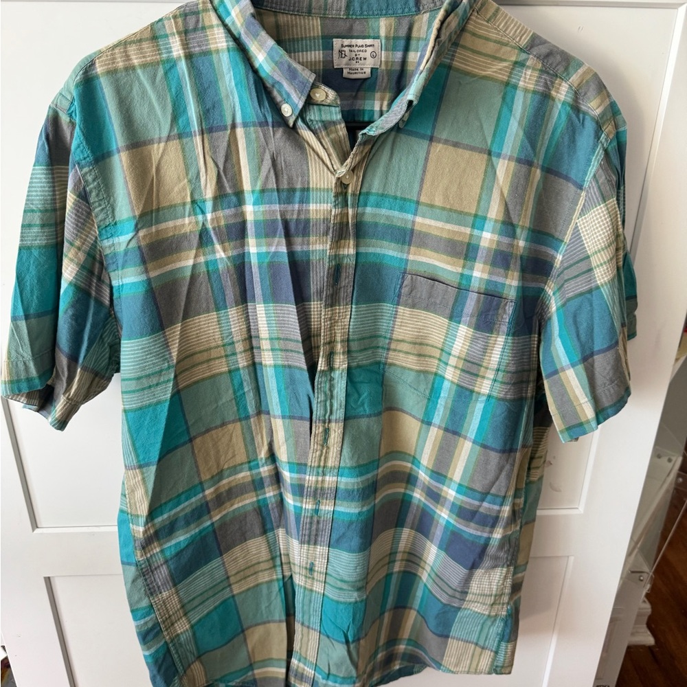J. Crew Teal, Beige and Gray Plaid Short-Sleeve Button-Down Shirt